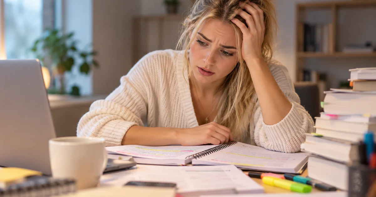 opositora estudiando de noche con gesto de cansancio y ansiedad ante un examen