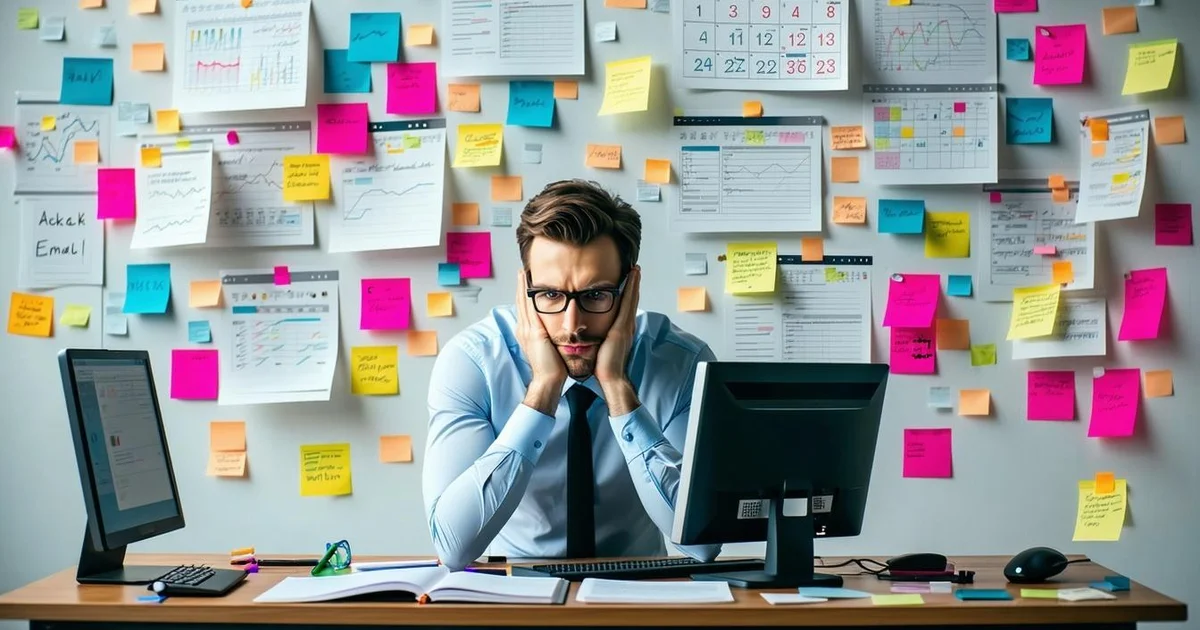 Persona con expresión de tensión organizando o revisando tareas de forma meticulosa, representando la ansiedad por necesidad de control